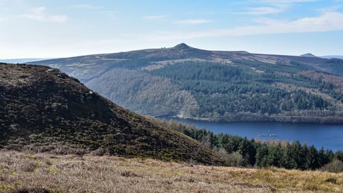 Scenic view of lake by mountains against sky