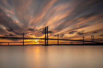 Suspension bridge over river against sky during sunset