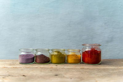 Various fruits in glass jar on table against wall