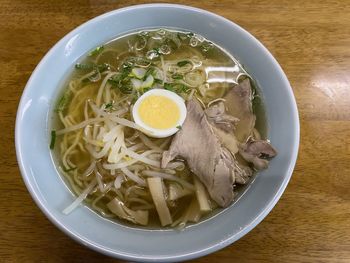 High angle view of soup in bowl on table