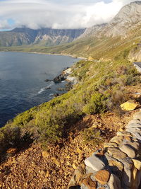 Scenic view of lake and mountains against sky