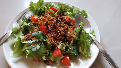 High angle view of salad in plate on table