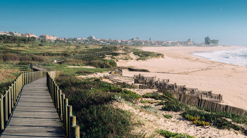 Scenic view of beach against clear sky