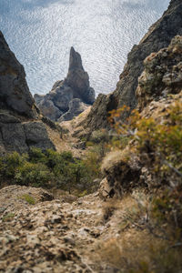 Mysterious part of majestic karadag volcanic mountain range in eastern crimea, on a black sea shore