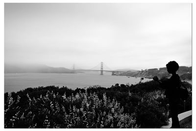 Rear view of man looking at suspension bridge against sky