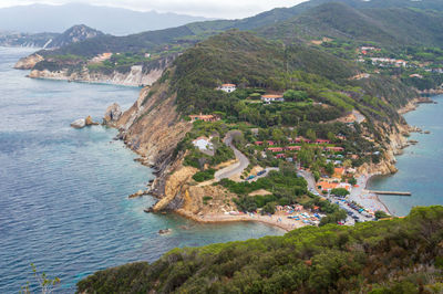 Aerial landscape view of the little peninsula of monte enfola in elba island, italy