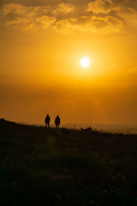 Silhouette people walking on field against sky during sunset