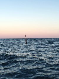 Silhouette man in sea against clear sky during sunset