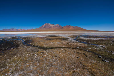 Scenic view of mountains against clear blue sky