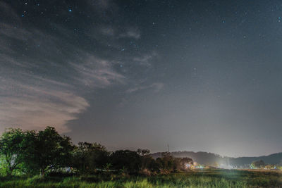 Scenic view of trees against sky at night