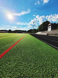 High angle view of soccer field against sky