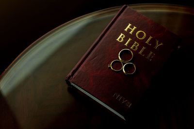 High angle view of text on book