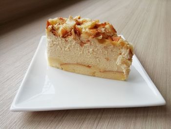 High angle view of cake in plate on table