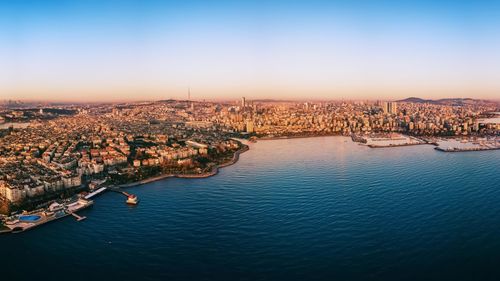 High angle view of city at waterfront