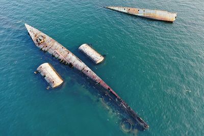 High angle view of old ship in sea