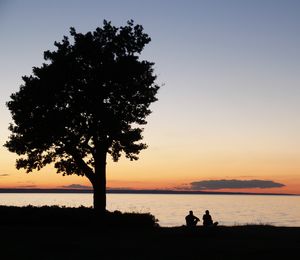 Rear view of people sitting by lake during sunset