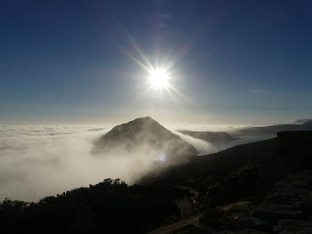 Scenic view of silhouette mountains against sky on sunny day