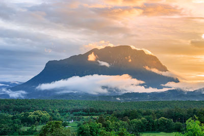 Scenic view of dramatic landscape against sky during sunset