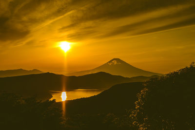 Scenic view of mt. fuji against sky during golden hour
