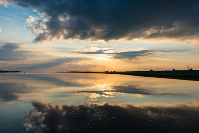 Scenic view of lake against sky during sunset