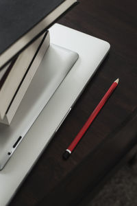 High angle view of books on table