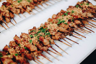 High angle view of meat in plate on table