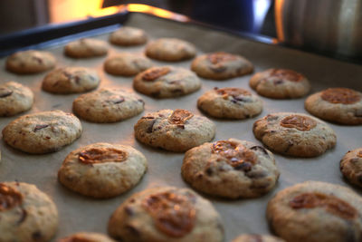 High angle view of cookies on baking sheet