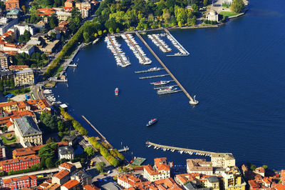 High angle view of sea against built structures