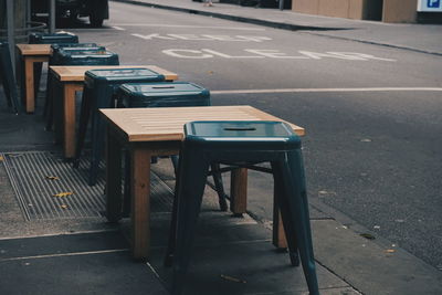 High angle view of empty bench on table