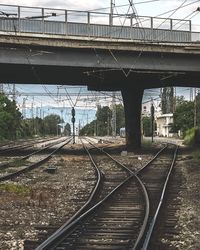 Railroad tracks in bridge against sky