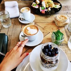High angle view of coffee cup on table