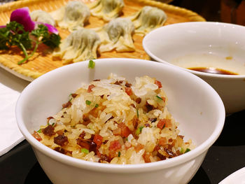 High angle view of meal served in bowl on table