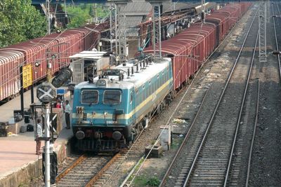 High angle view of train on railroad tracks