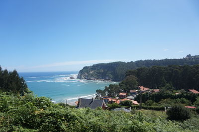 Scenic view of sea against clear blue sky