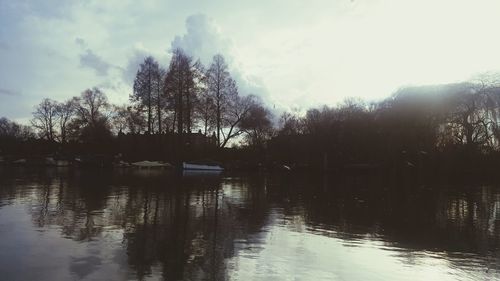 Silhouette trees by lake against sky