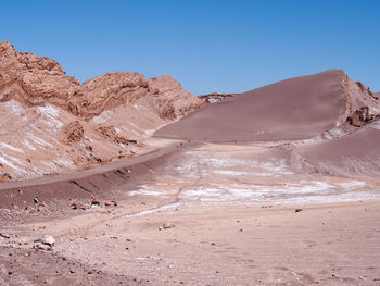 Scenic view of arid landscape against clear blue sky