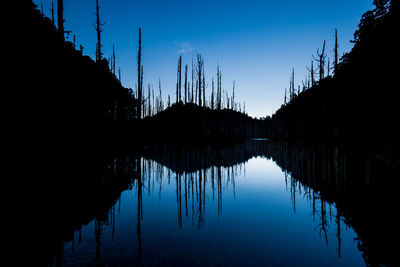 Silhouette trees by lake against sky at dusk