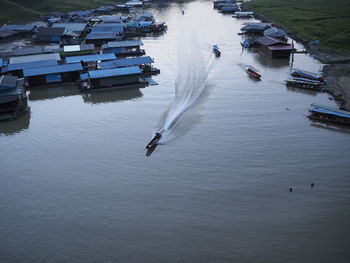 High angle view of boats moored in river