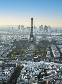 Aerial view of paris at sunset with the eiffel tower in background