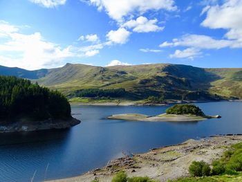 Scenic view of lake and mountains against sky