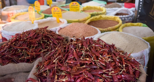 Close-up of red chili peppers for sale in market