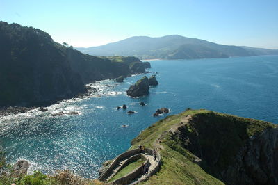 High angle view of bay and sea against sky