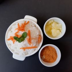 High angle view of meal served on table
