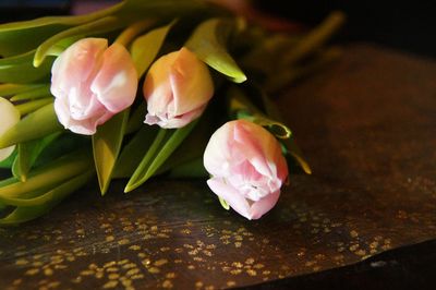 High angle view of pink tulip on table