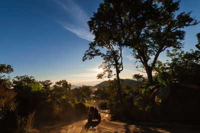 People in vehicle on road amidst trees against sky