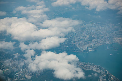 High angle view of  hong kong cityscape against sky