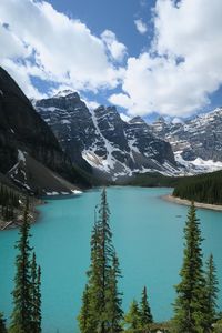 Scenic view of lake by snowcapped mountains against sky