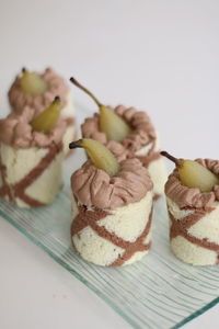 Close-up of french pear cake on tray