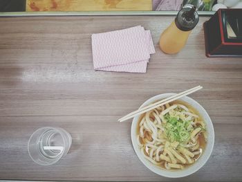 Directly above shot of japanese food served in bowl on table at restaurant