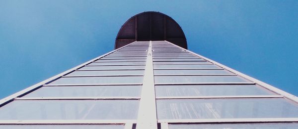 Low angle view of modern building against clear blue sky